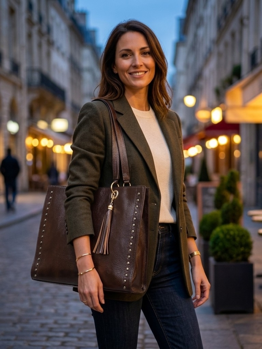 Classic Brown Leather Tote Bag with Tassel - Women